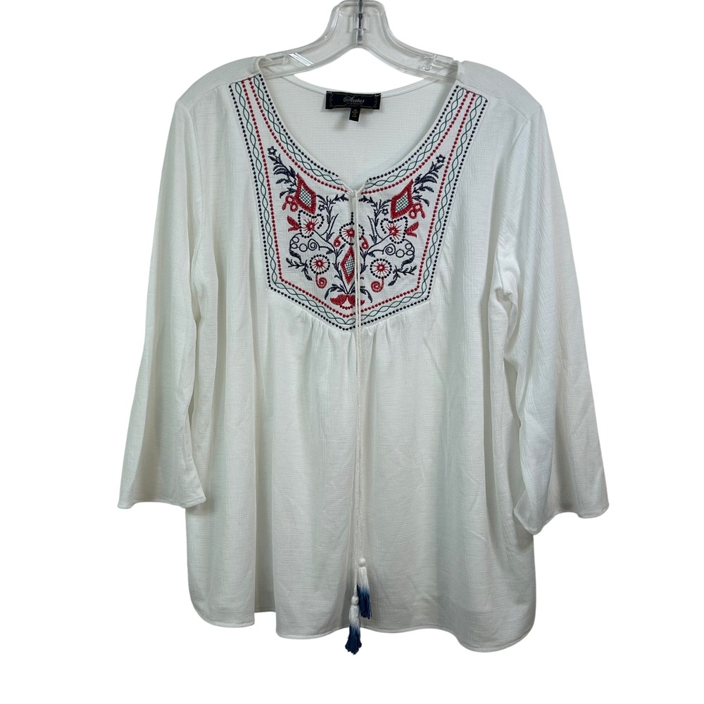 Status by Chenault White Embroidered Boho Blouse XL 3/4 Sleeve Tassel Tie USA